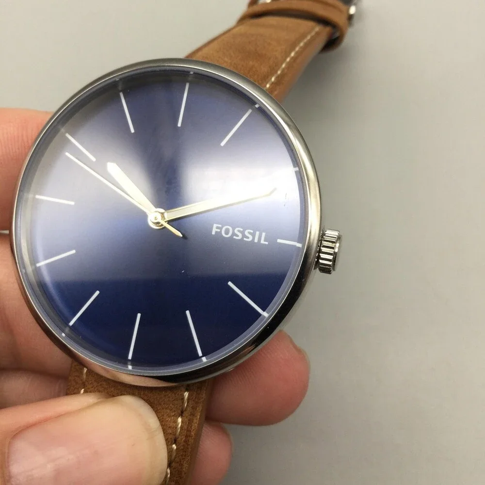 Fossil BQ2435 Mens Watch 42mm Blue Dial Brown Leather Minimalist New Battery